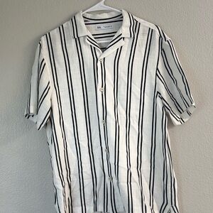 Zara Men's Casual Linen Style Striped Shirt - White and Black